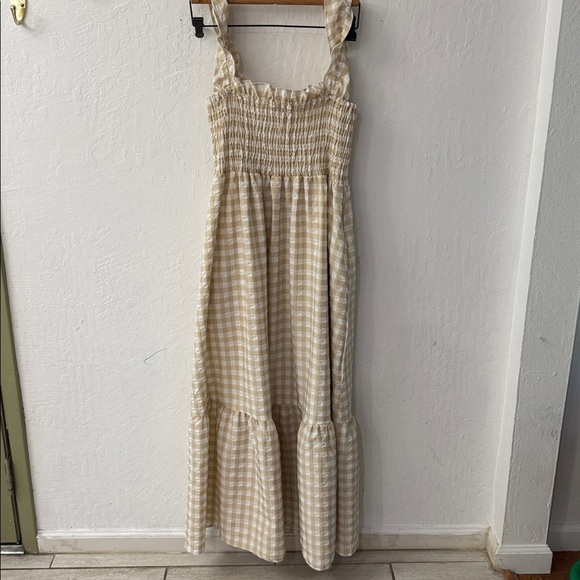 Ruffle Plaid Gingham Long Dress Shirred Stretchy Strap Flowy Retro Dress Beige - Picture 5 of 7